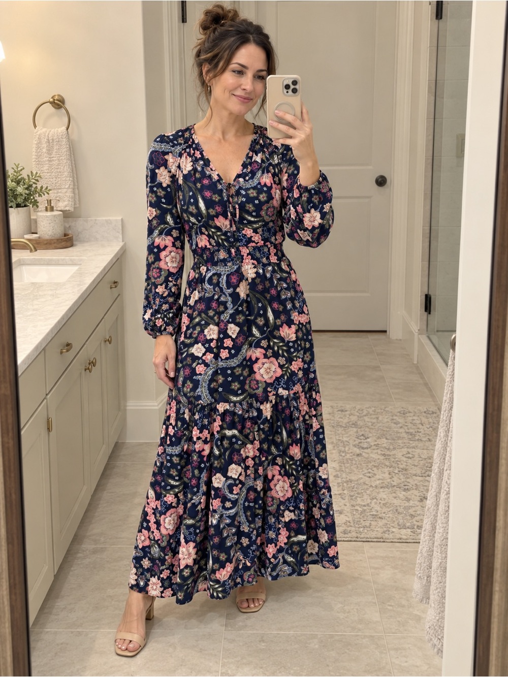 LOFT Floral Shirred Flounce maxi Dress in deep space navy floral XS